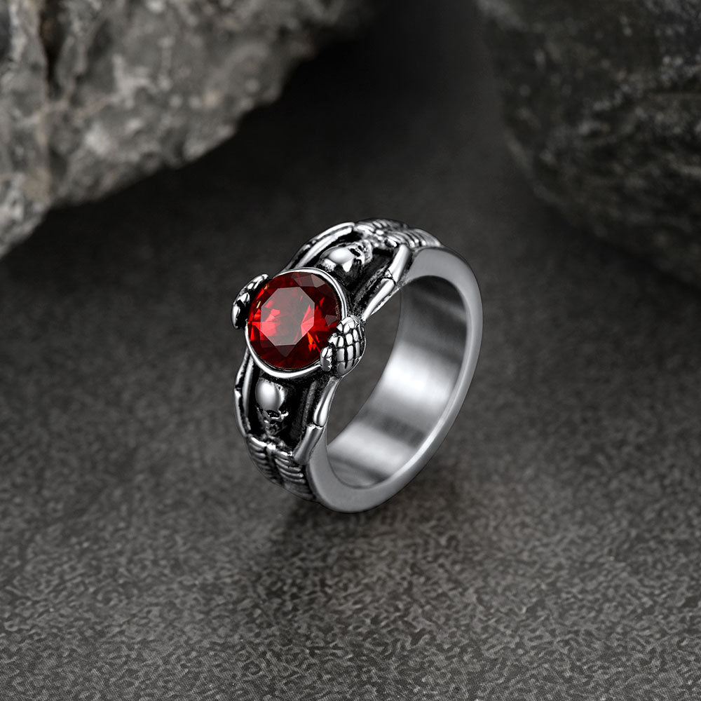FaithHeart Gothic Gemstone Skull Ring Birthstone Signet Ring For Men FaithHeart