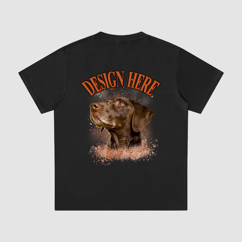 Black t-shirt with a dog graphic and 'Design Here' text on a gray background