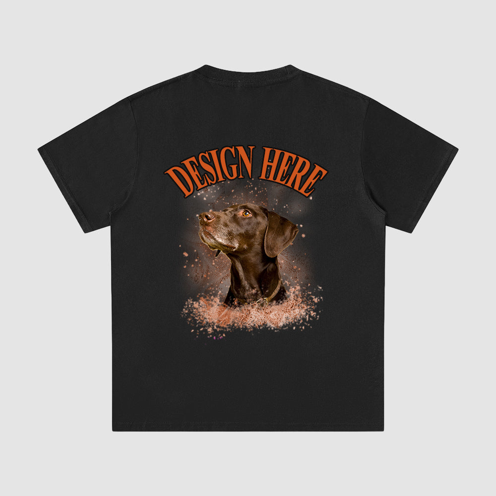 Black t-shirt with a dog graphic and 'Design Here' text on a gray background