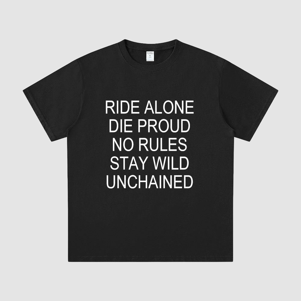 Black t-shirt with white text on a light gray background