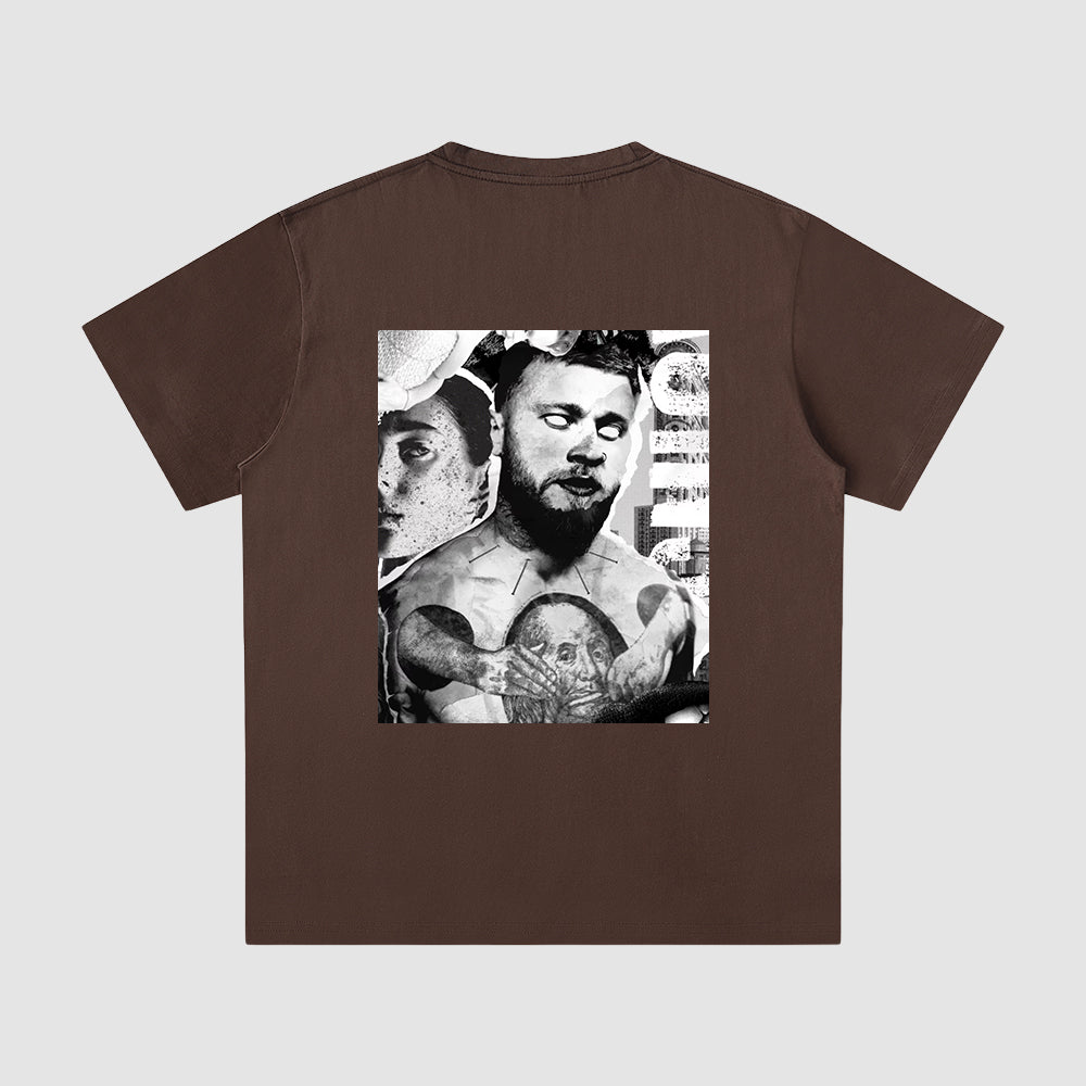 Brown t-shirt with a graphic design on the back featuring a person with tattoos.