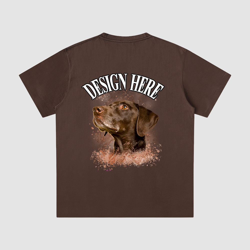 Brown t-shirt with a dog graphic and 'Design Here' text on a light gray background