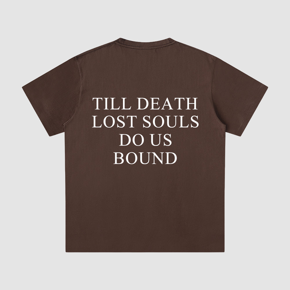 Brown t-shirt with white text on a light gray background