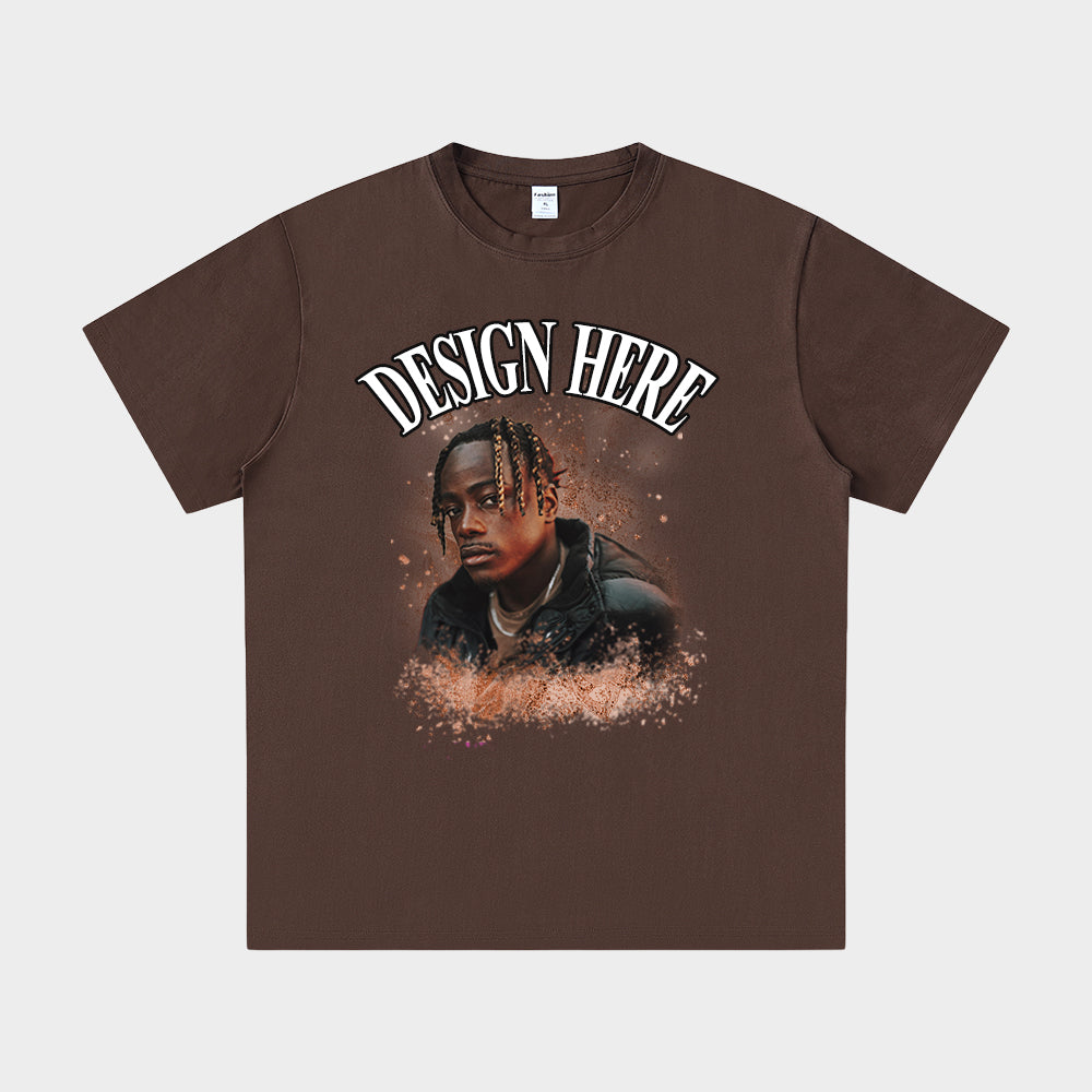 Brown t-shirt with a graphic of a person and 'Design Here' text on a white background