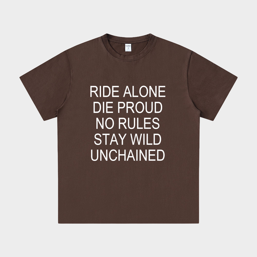 Brown t-shirt with white text on a light gray background
