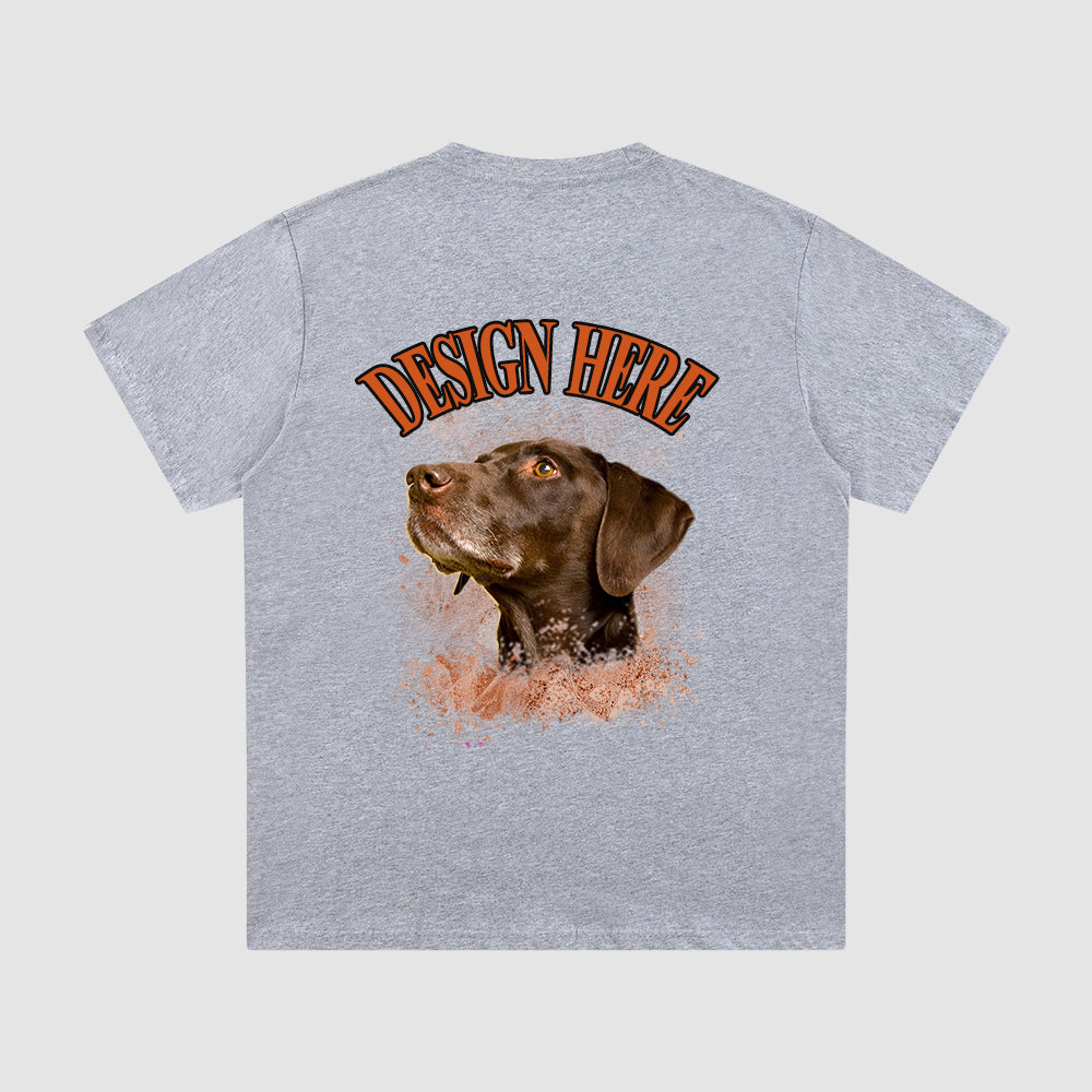 Gray t-shirt with a dog graphic and 'Design Here' text on the back against a light gray background