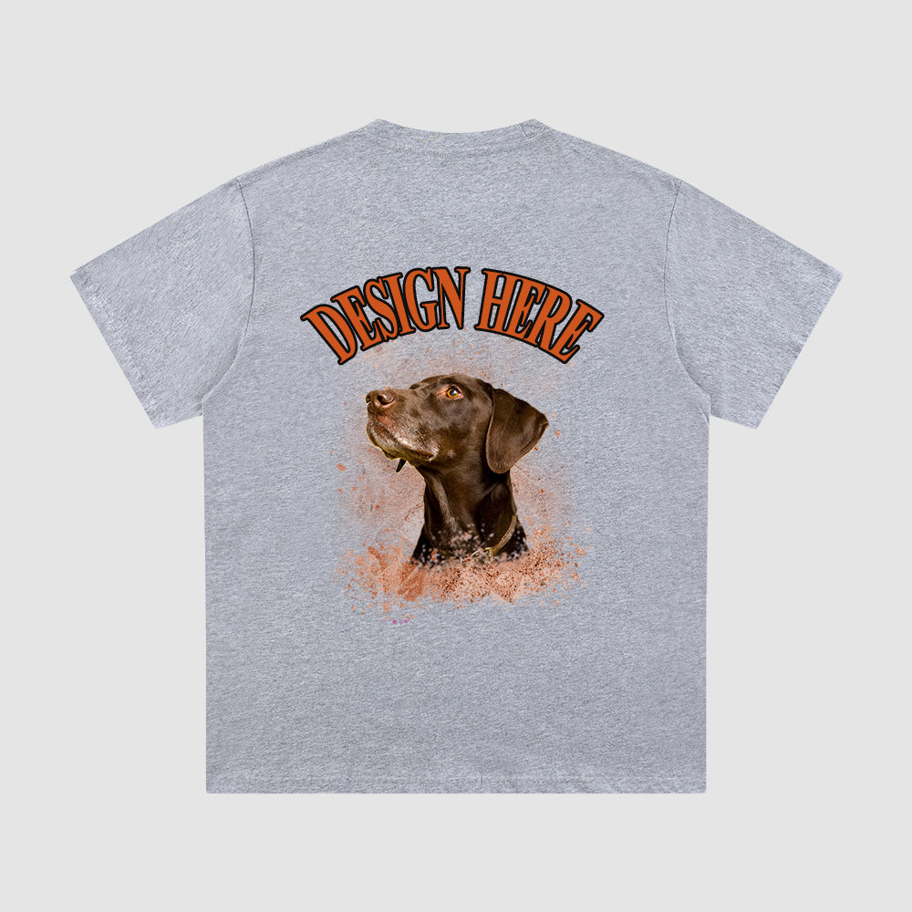 Gray t-shirt with a dog graphic and 'Design Here' text on the back against a white background
