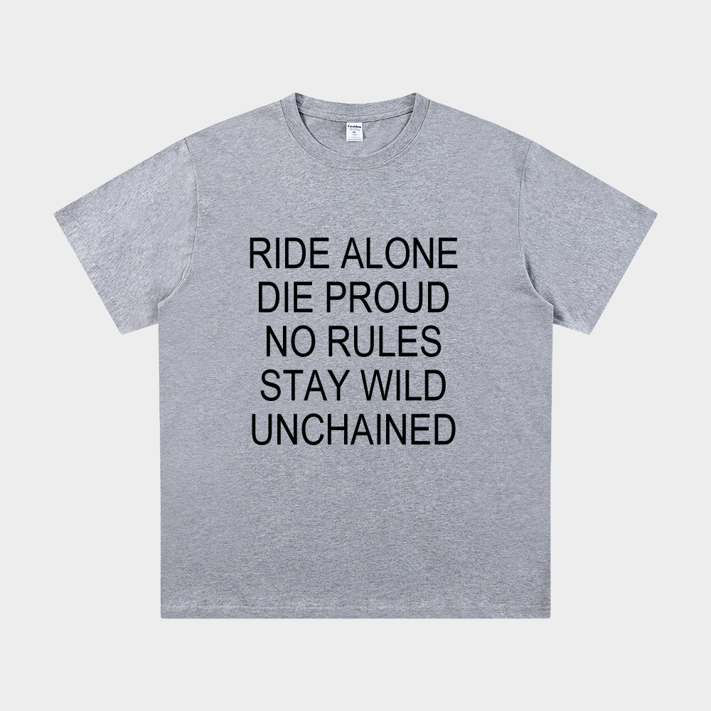 Gray t-shirt with black text on a white background