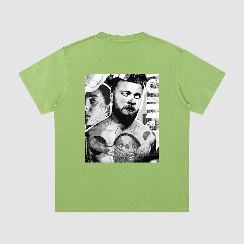 Green t-shirt with a graphic of a tattooed person on the back against a white background