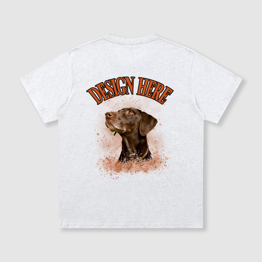White t-shirt with a dog graphic and 'Design Here' text on a gray background