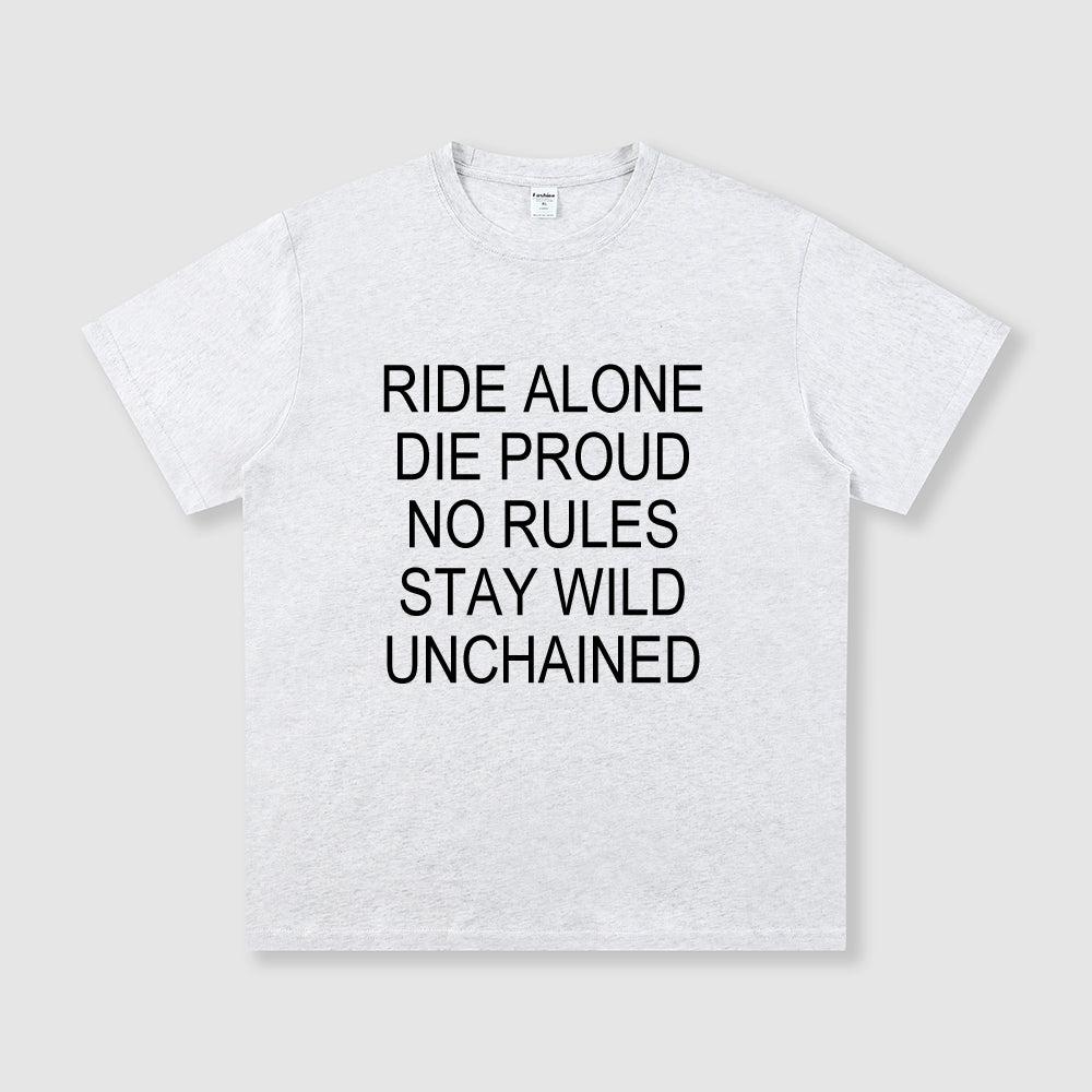 White t-shirt with black text on a white background