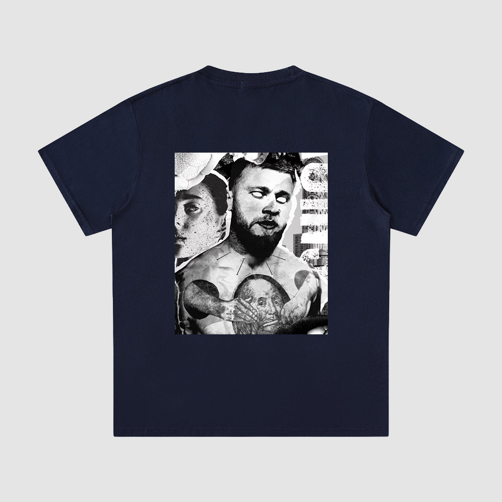 Navy blue t-shirt with a graphic design on a light gray background