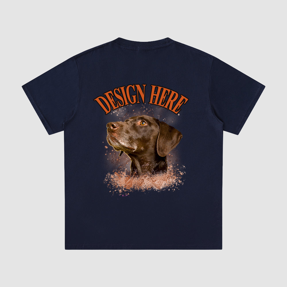 Navy blue t-shirt with a dog graphic and 'Design Here' text on a light gray background