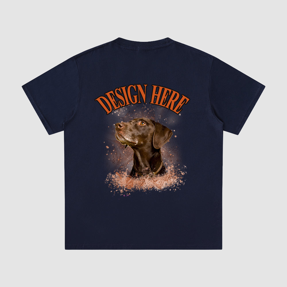 Navy blue t-shirt with a dog graphic and 'Design Here' text on a light gray background