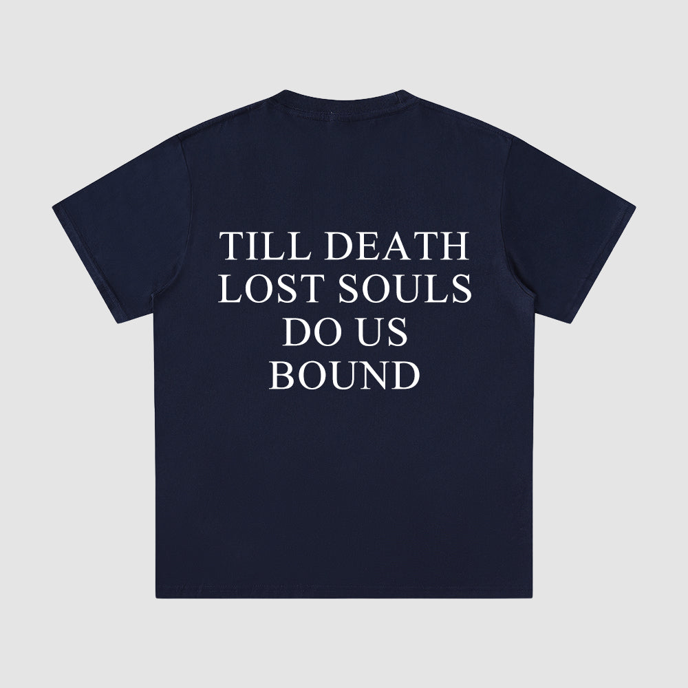 Navy blue t-shirt with white text on a light gray background