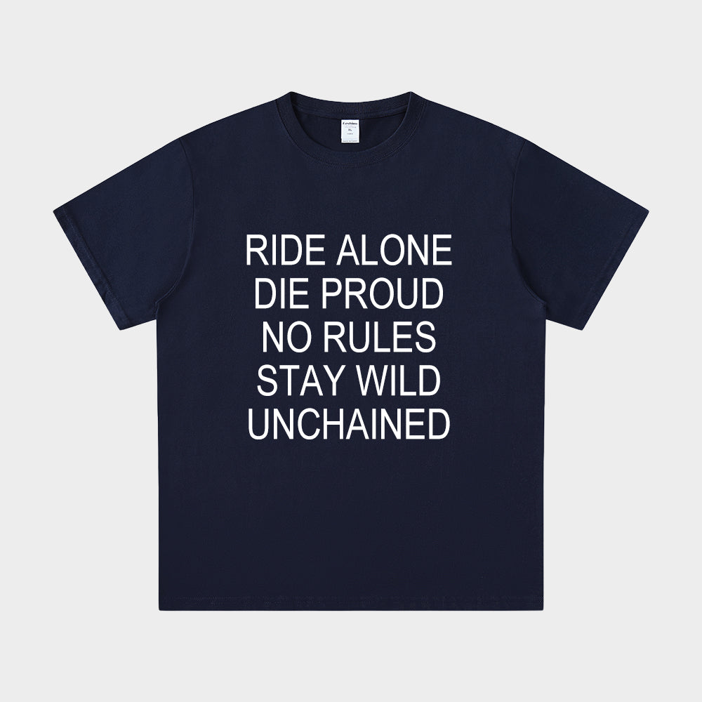 Navy blue t-shirt with white text on a light gray background