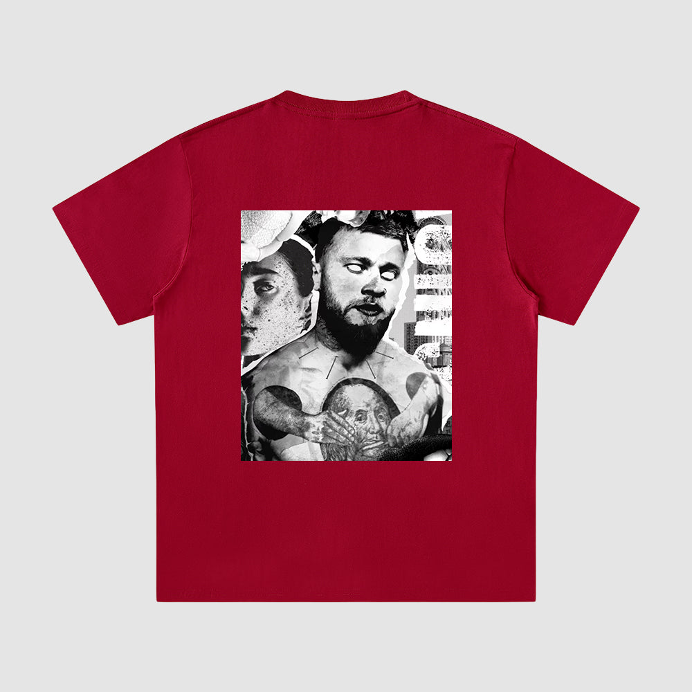 Red t-shirt with a graphic of a tattooed person on the back against a white background