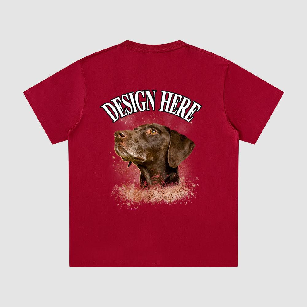 Red t-shirt with a dog graphic and 'Design Here' text on a white background