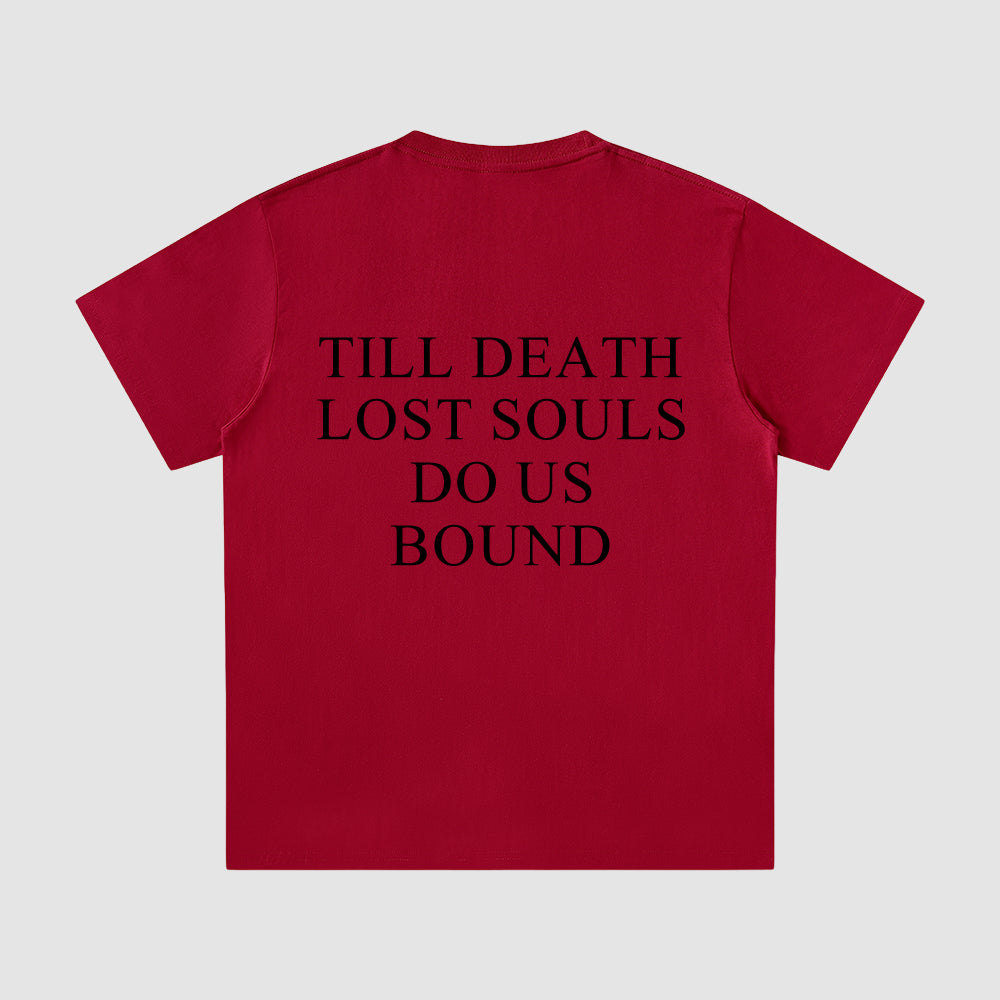Red t-shirt with black text on a white background
