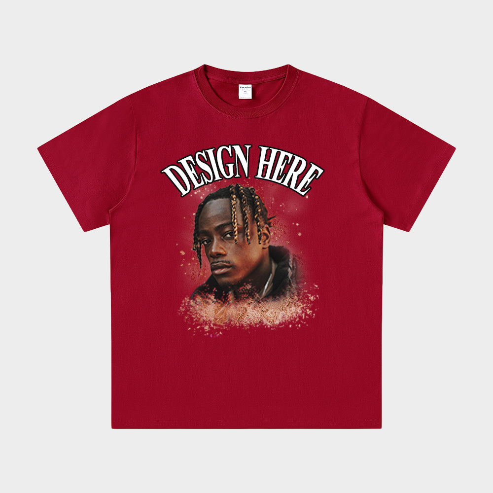 Red t-shirt with a graphic of a person's face and 'Design Here' text on a white background