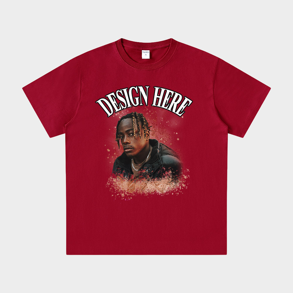 Red t-shirt with a graphic of a person and 'Design Here' text on a white background