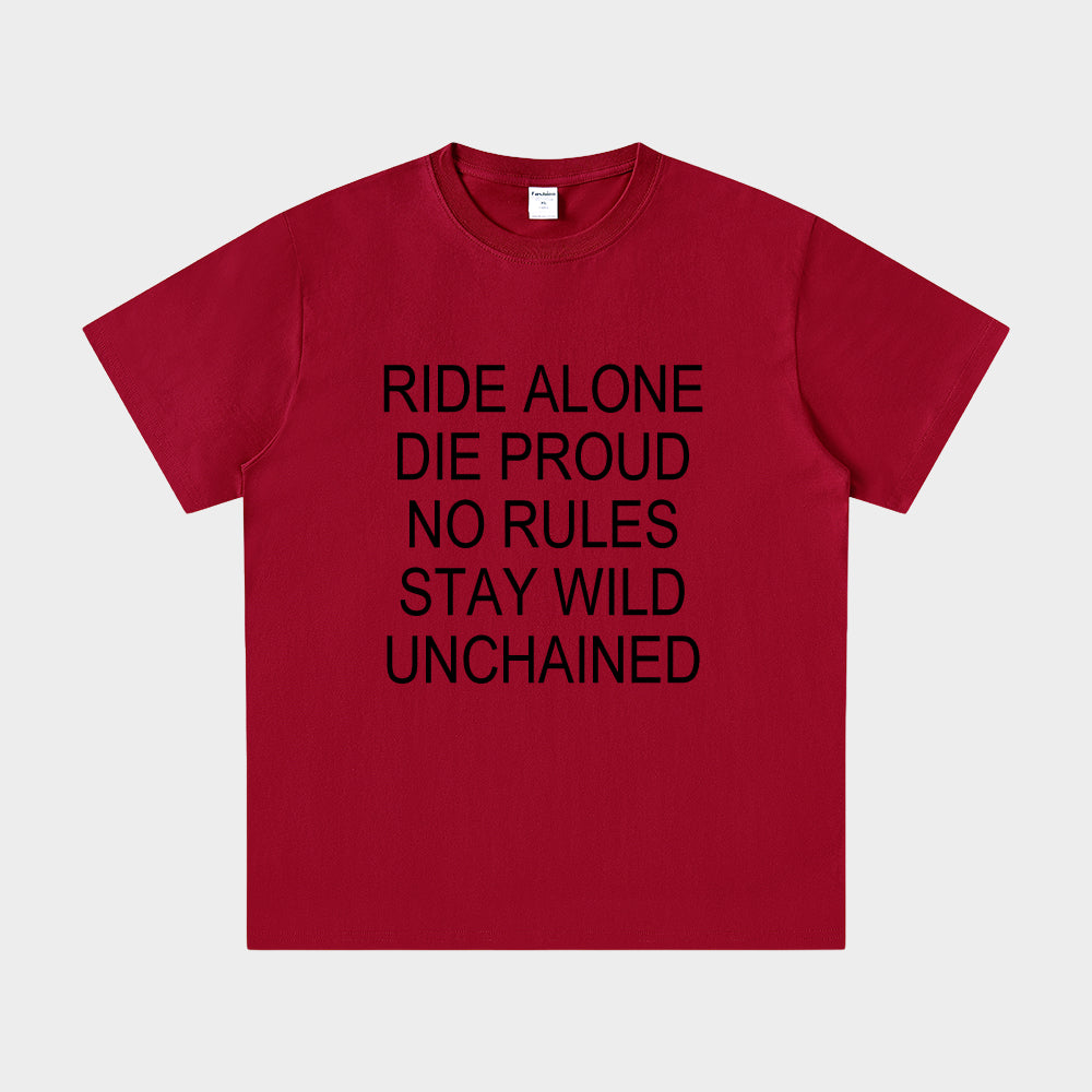 Red t-shirt with black text on a white background