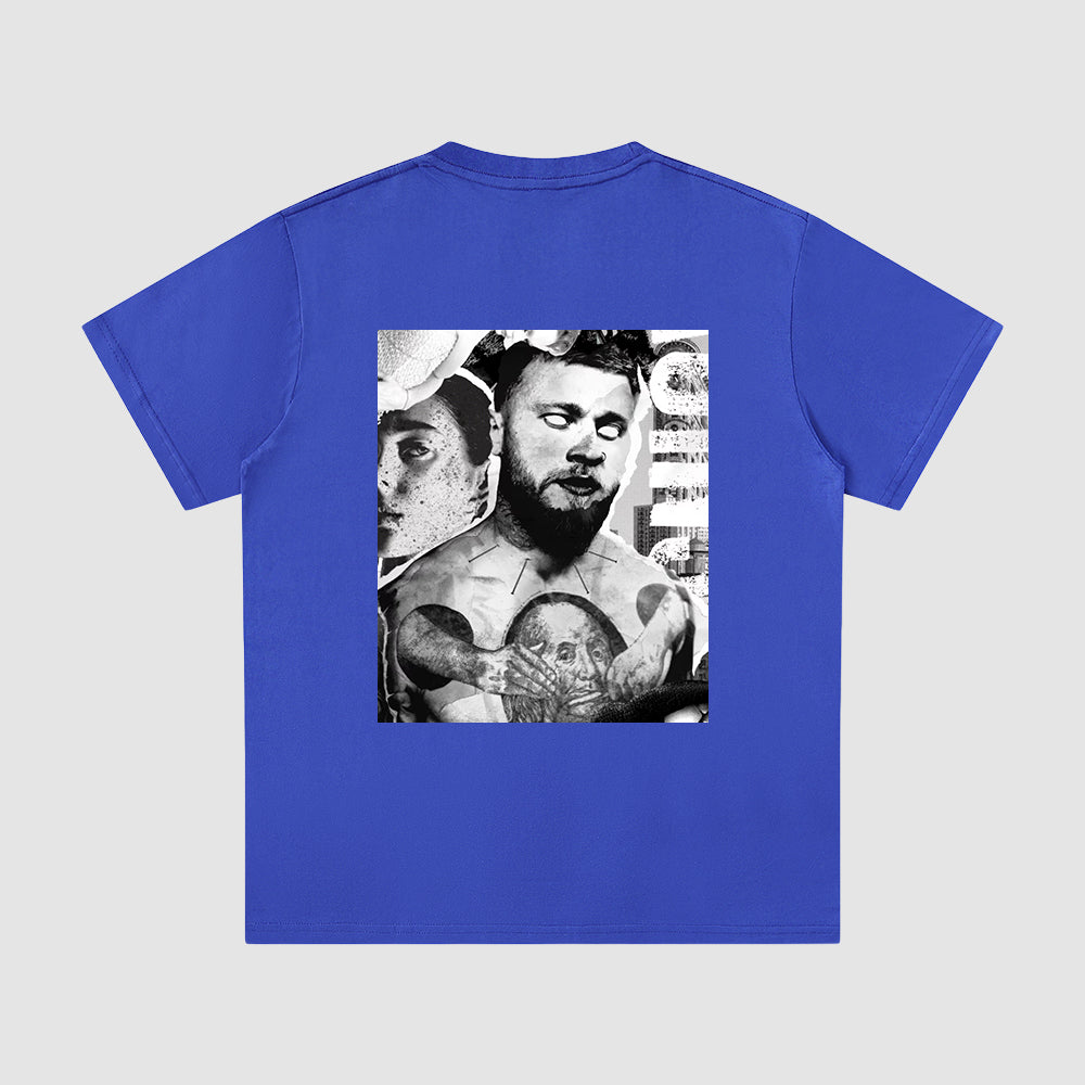 Blue t-shirt with a graphic of a tattooed person on a white background
