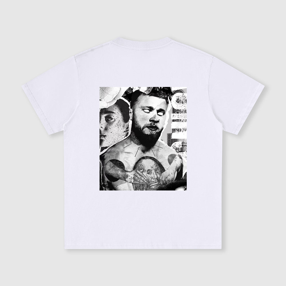 White t-shirt with a graphic design on a light gray background