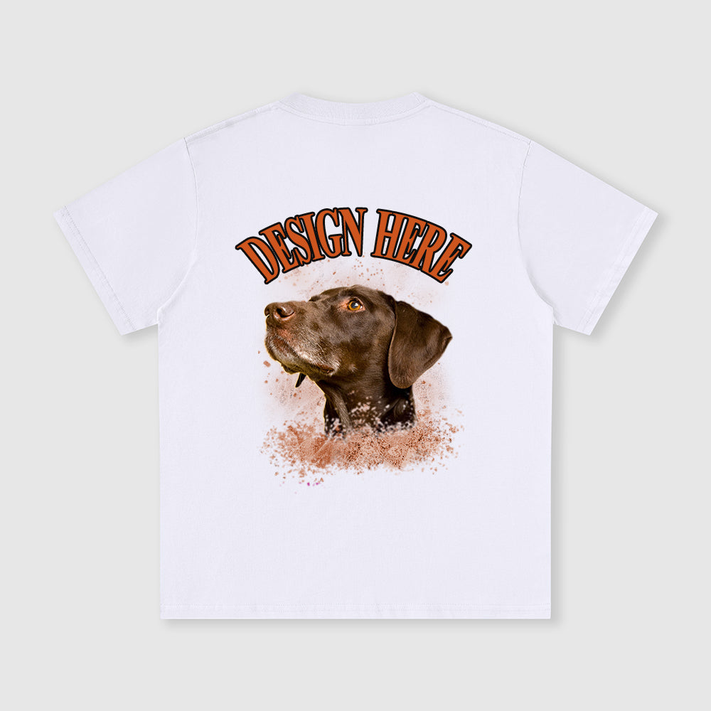 White t-shirt with a dog graphic and 'Design Here' text on a light gray background