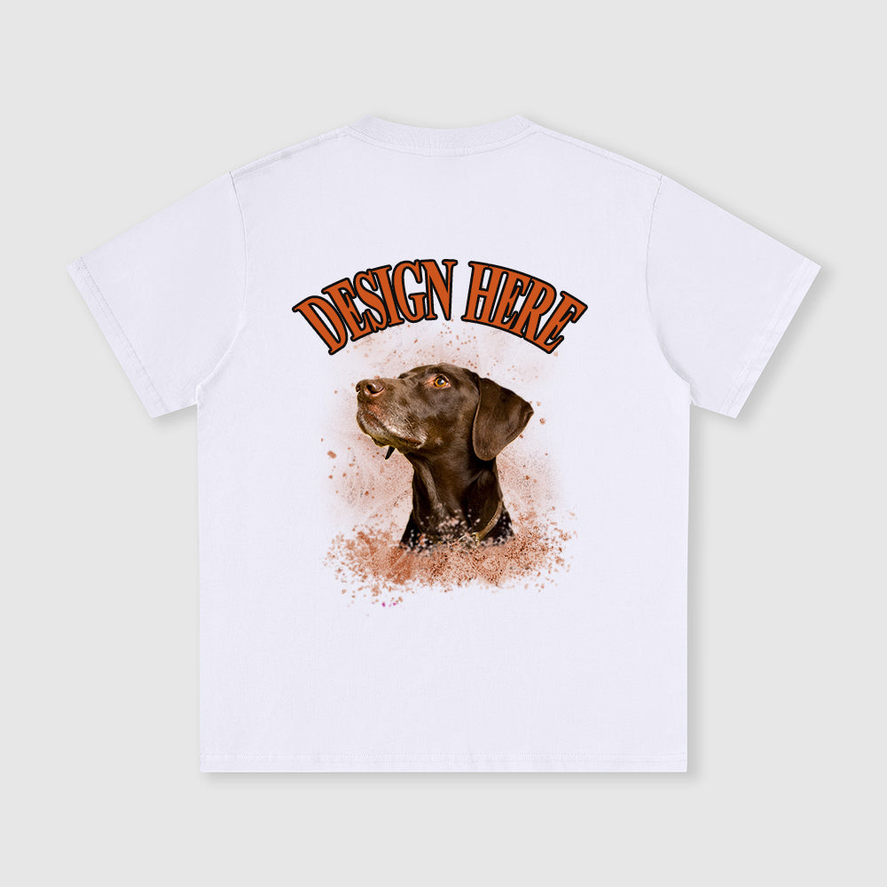 White t-shirt with a dog graphic and 'Design Here' text on a light gray background