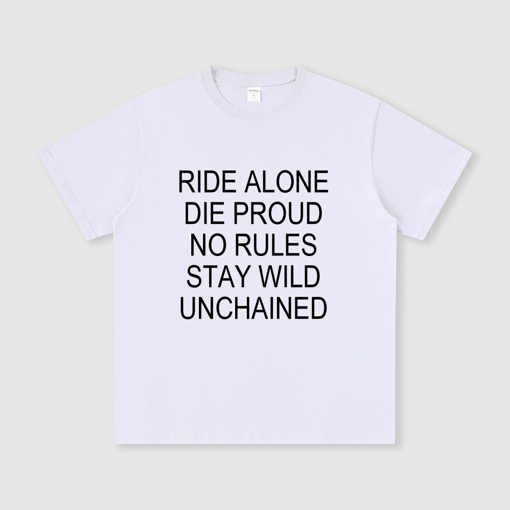 White t-shirt with black text on a light gray background