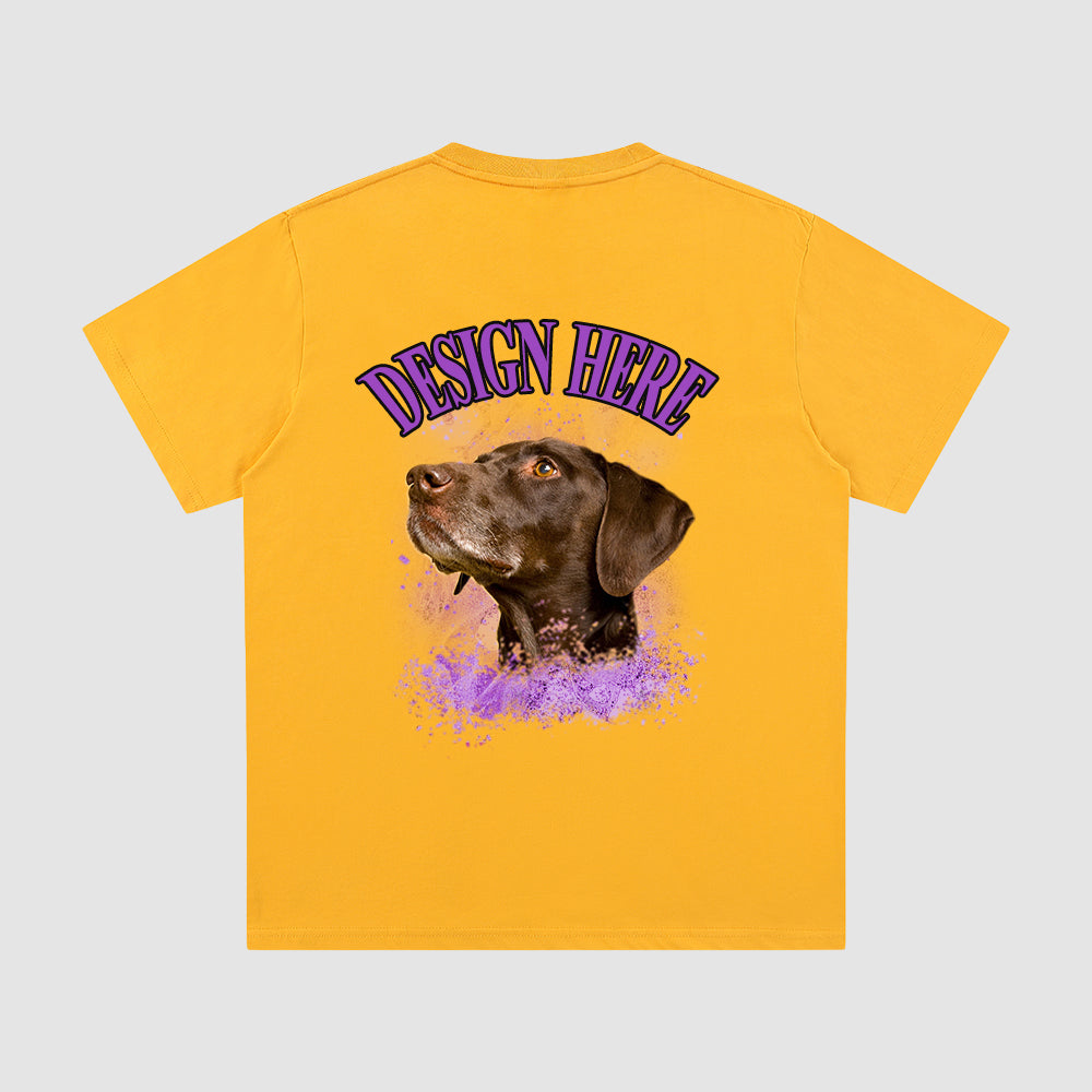 Yellow t-shirt with a dog graphic and 'Design Here' text on a gray background