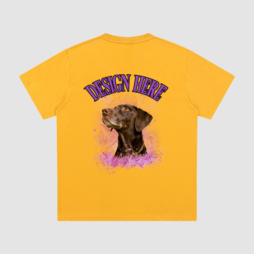 Yellow t-shirt with a dog graphic and 'Design Here' text on a gray background
