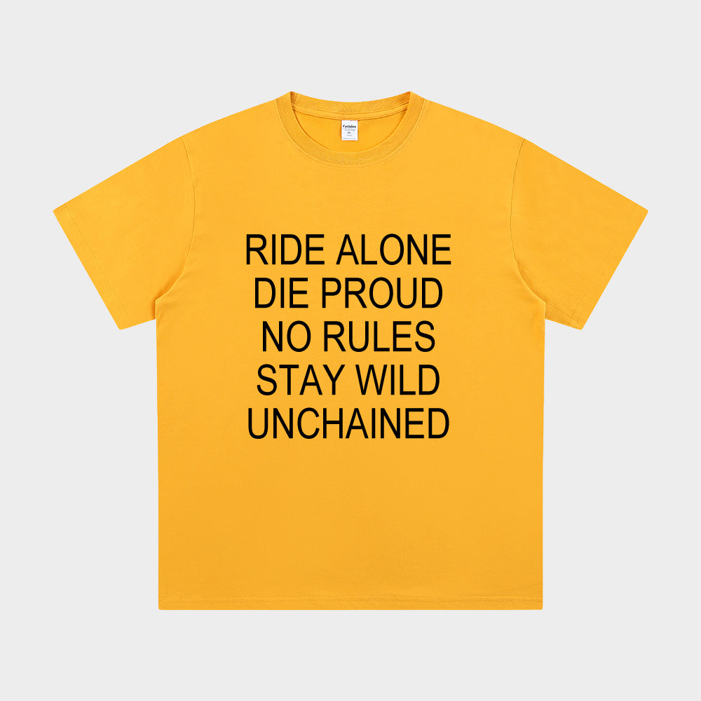 Yellow t-shirt with black text on a light gray background