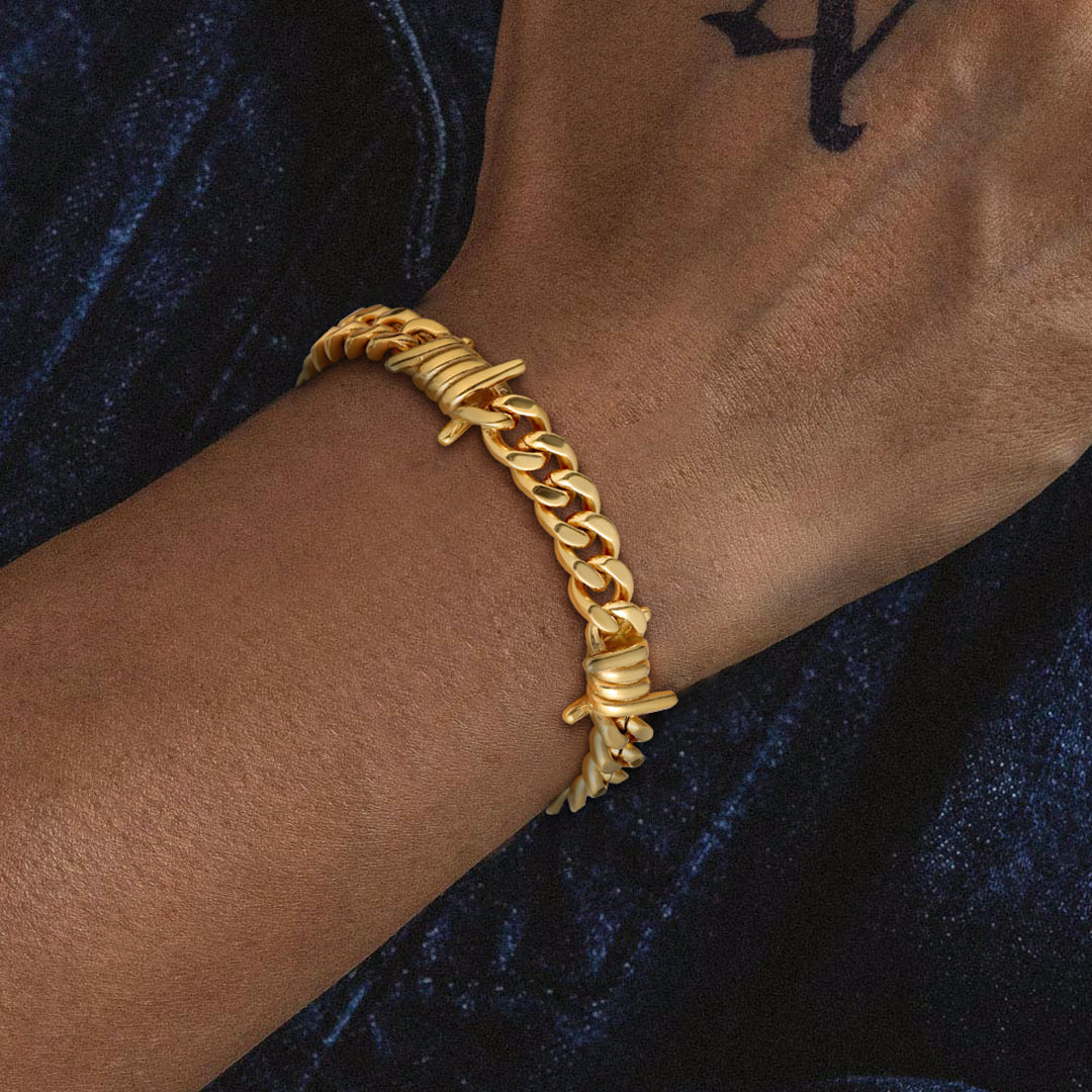 Gold Barbed Wire Cuban Chain Link Bracelet for Men