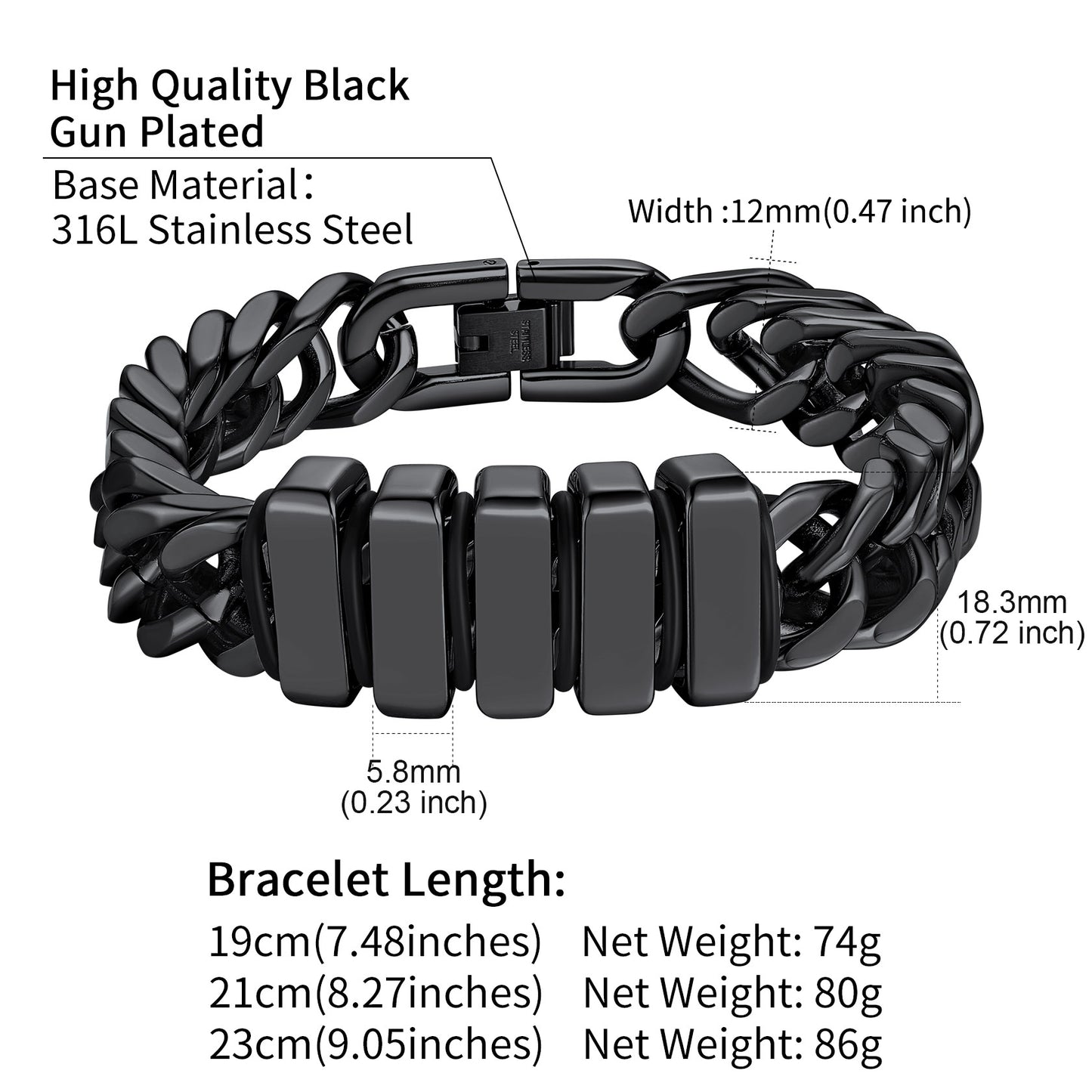 Black Gun Plated Stainless Steel Cuban Chain Bracelet with Detail
