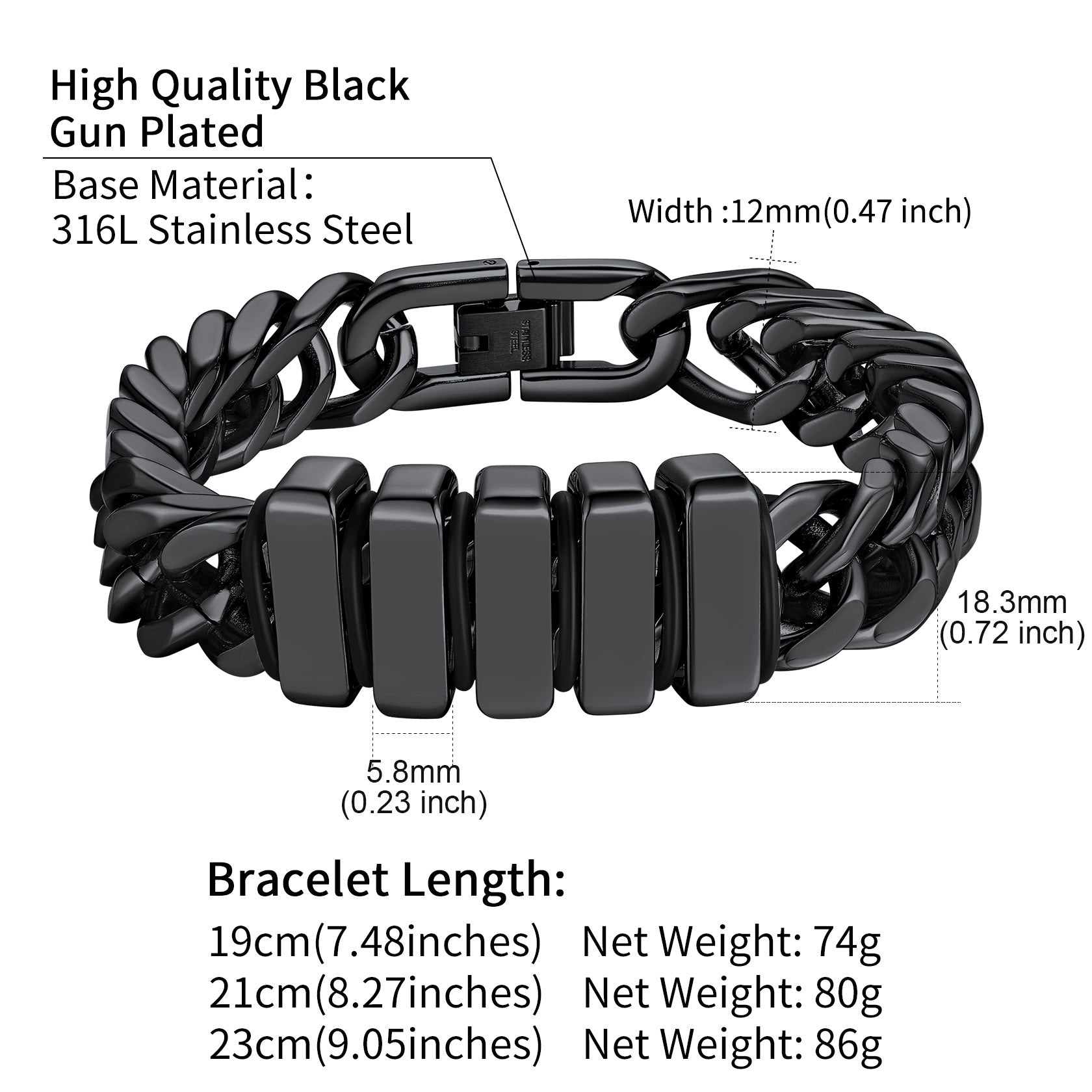 Black Gun Plated Stainless Steel Cuban Chain Bracelet with Detail