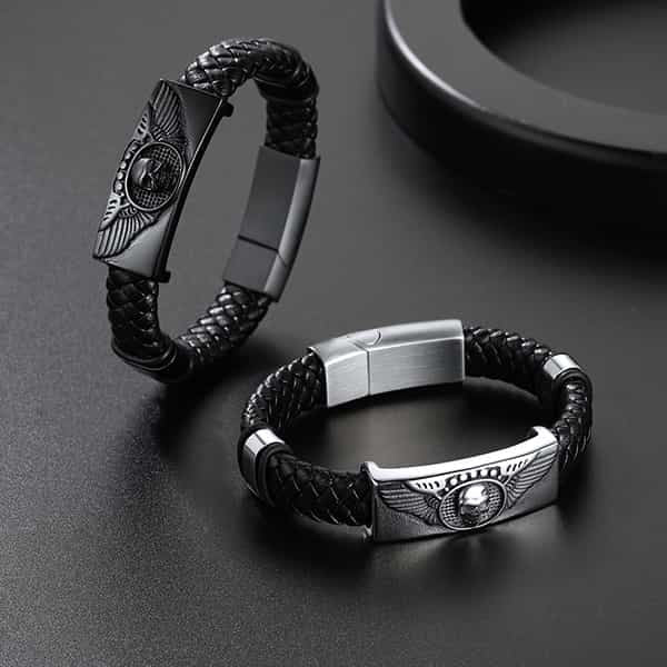 FaithHeart Black Braided Skull Wing Leather Bracelet Cuff FaithHeart