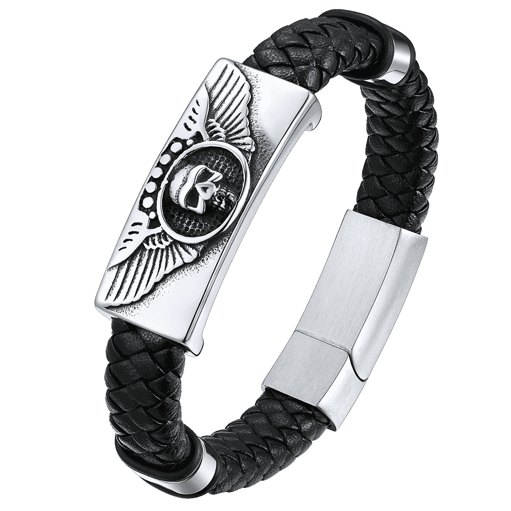 FaithHeart Black Braided Skull Wing Leather Bracelet Cuff FaithHeart