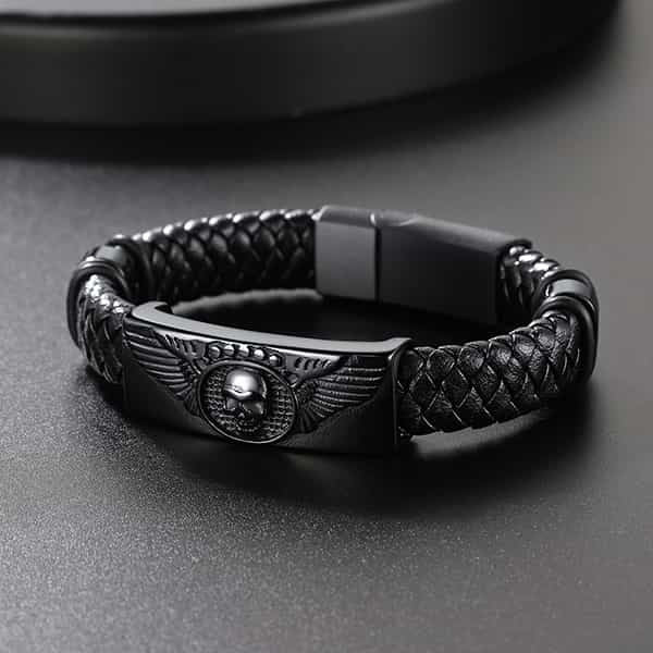 FaithHeart Black Braided Skull Wing Leather Bracelet Cuff FaithHeart