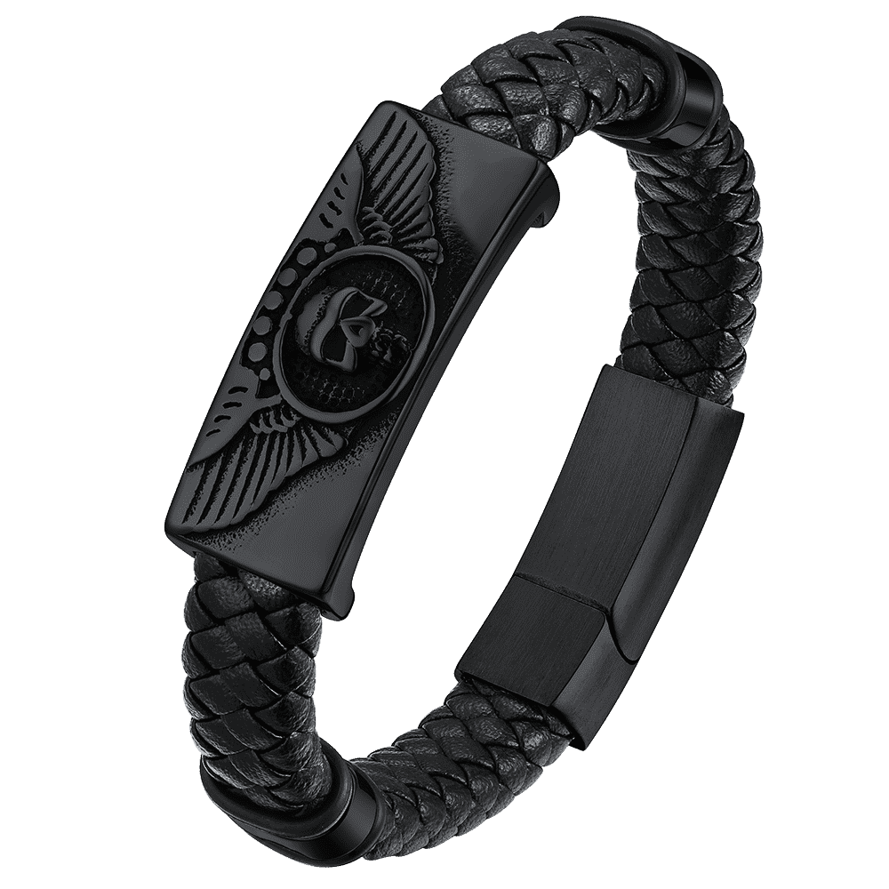 FaithHeart Black Braided Skull Wing Leather Bracelet Cuff FaithHeart