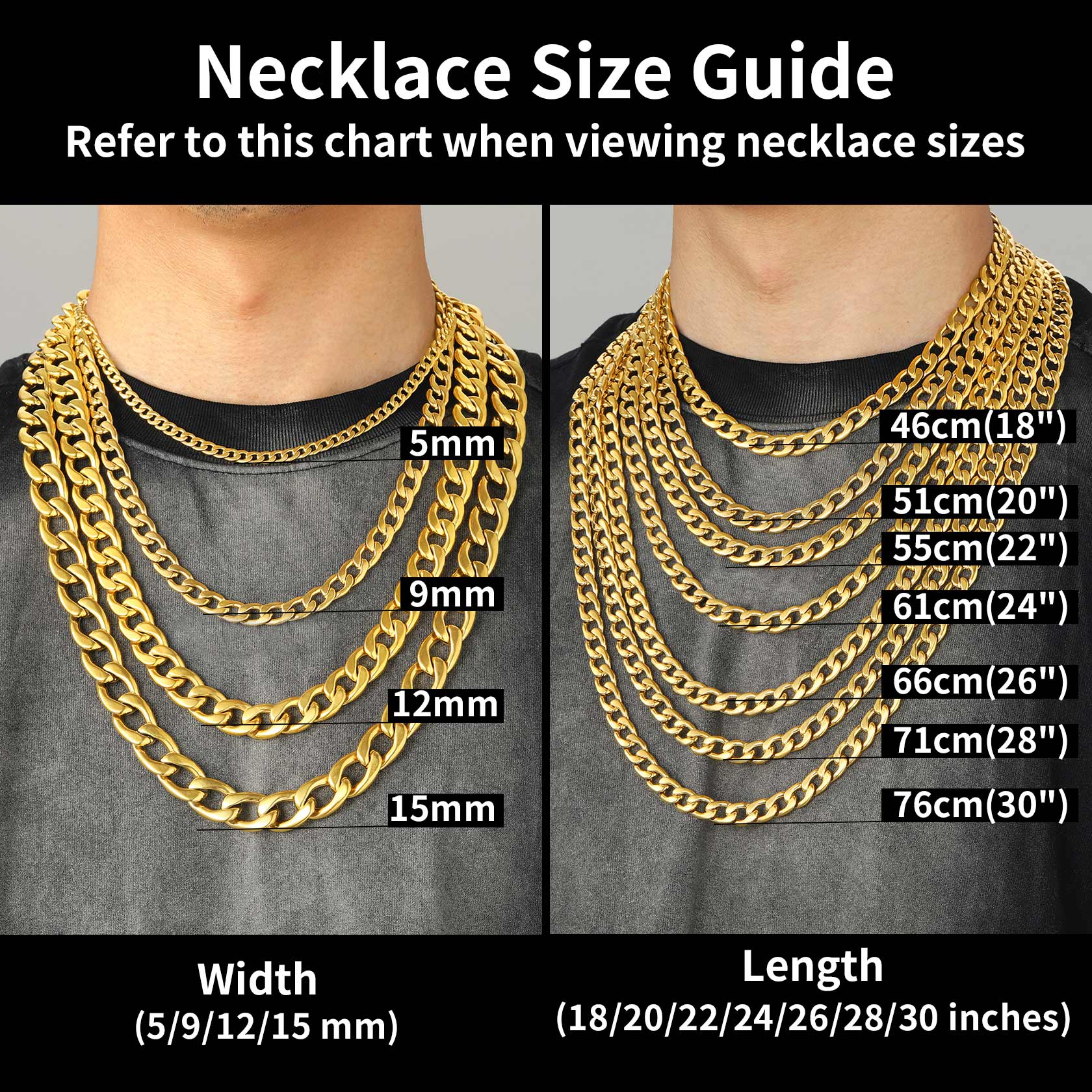 Cuban link chain necklace size guide for men