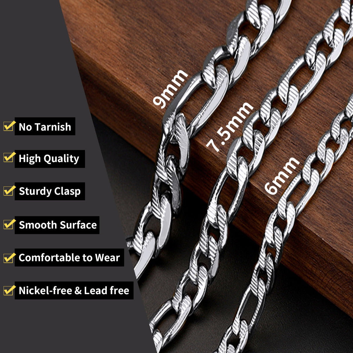 Figaro chain necklaces for men and women on a wooden surface with specifications listed.