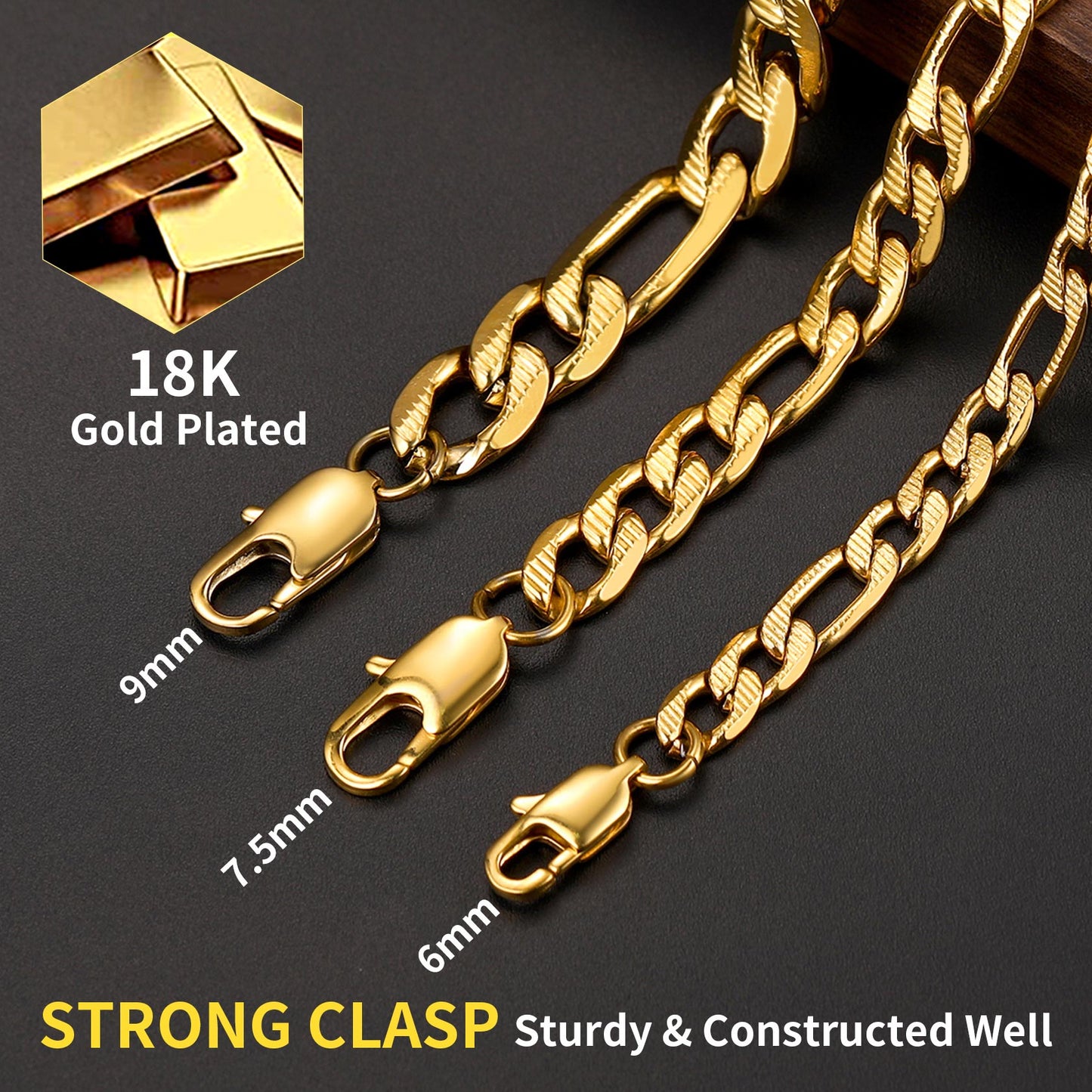 Gold chain with a strong clasp on a dark background