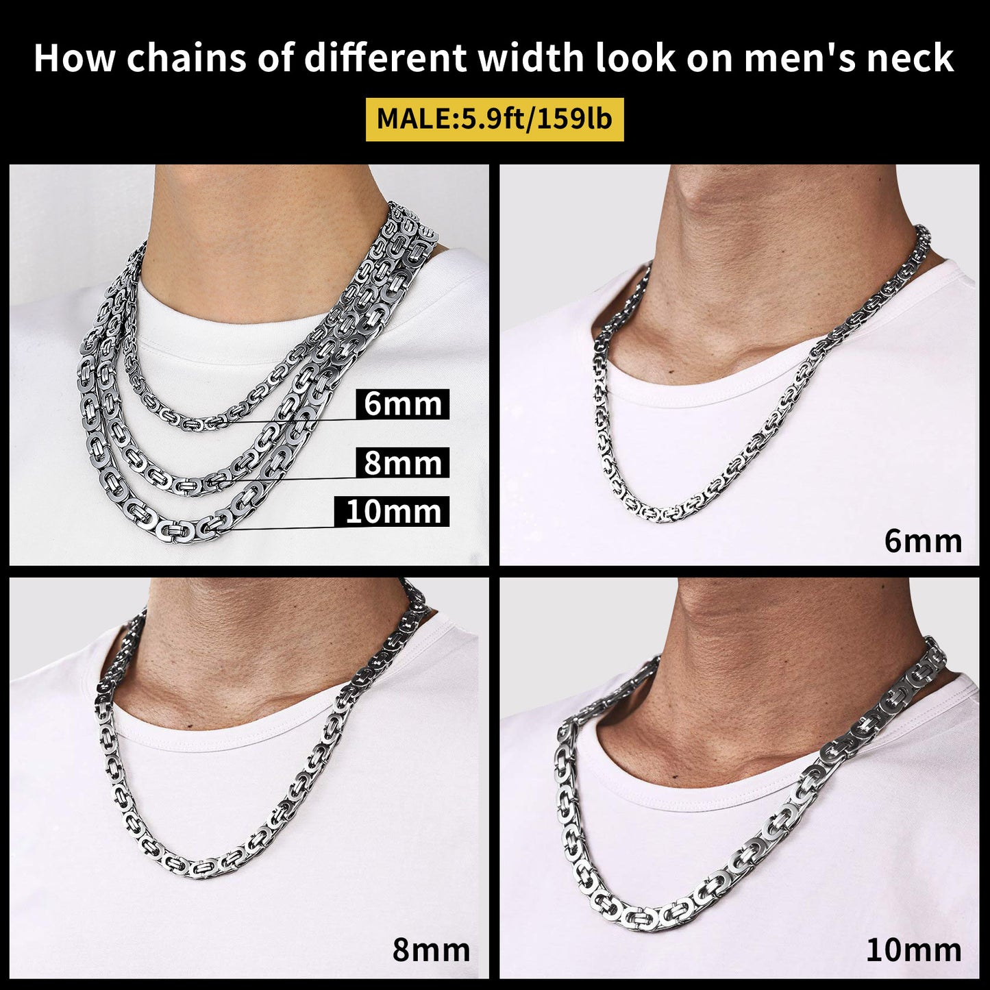Comparison of different width chains on a man's neck with measurements.
