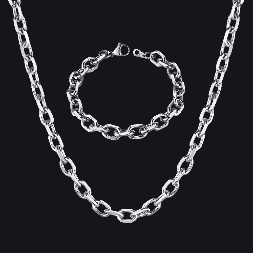 9MM Rolo Link Chain Necklace and Bracelet Set in Polished Stainless Steel for Men