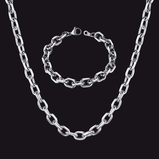 9MM Rolo Link Chain Necklace and Bracelet Set in Polished Stainless Steel for Menimg