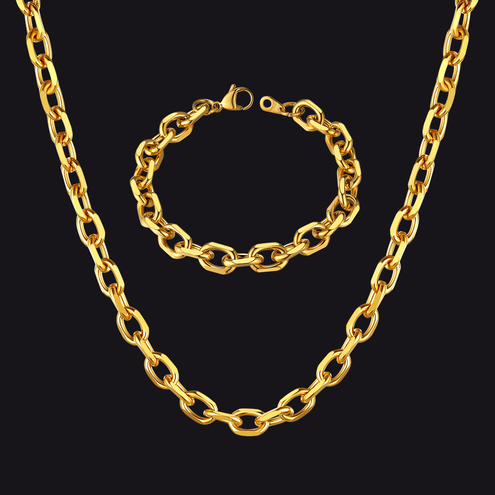 9MM Rolo Link Chain Necklace and Bracelet Set in Gold for Men