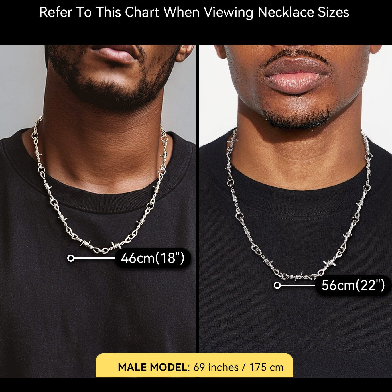 Necklace size guide showing measurements on a male model with text indicating necklace length and width.