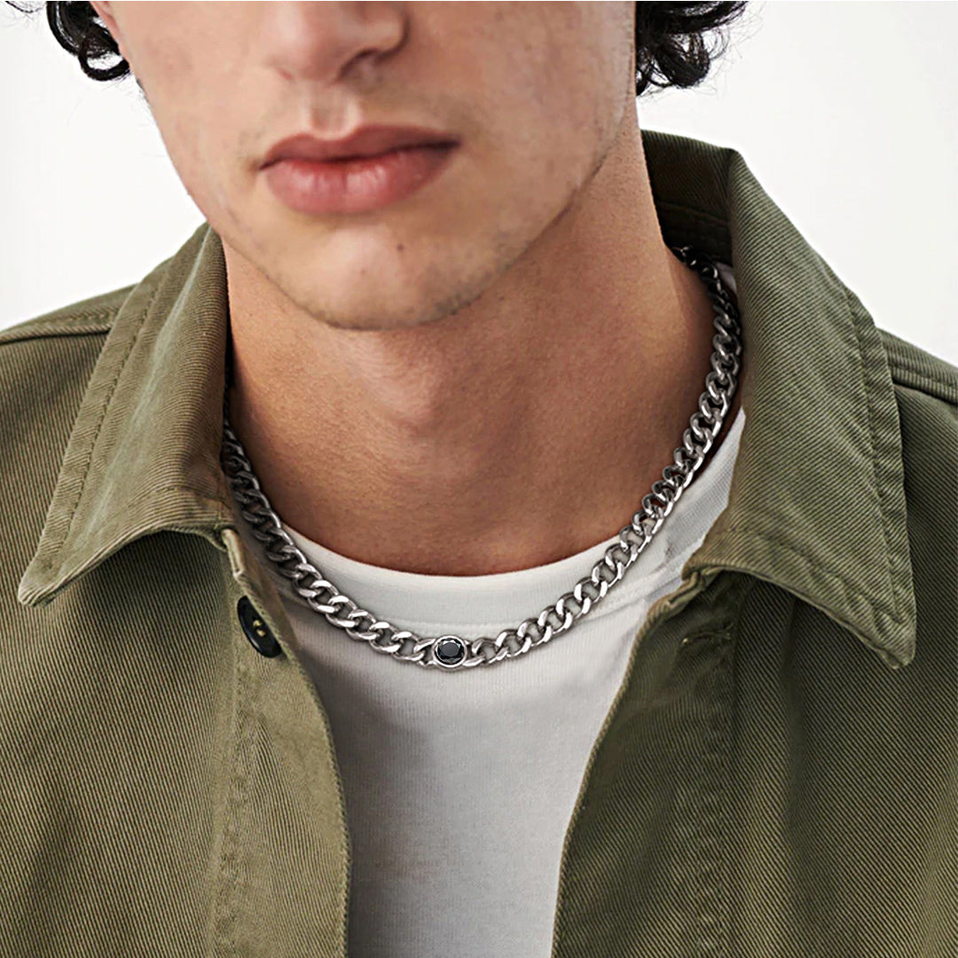 Male model wearing black cz  Cuban chain necklace in steel